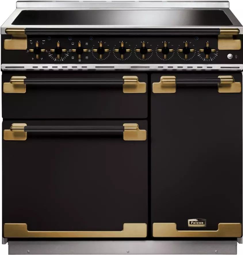 Piano de cuisson induction Falcon Elise Luxe 90 ELS90EIGBBE-EU noir brillant et laiton — 5 foyers, 2 fours électriques et gril séparé