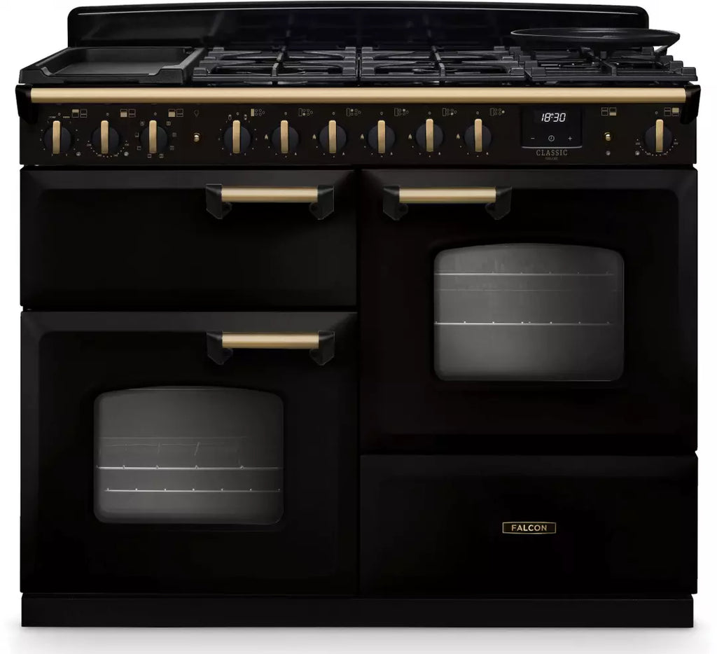 Piano de cuisson mixte Falcon Classic Deluxe 110cm OC CLDLO110DFPGBL/AB-E1 noir et laiton — 5 brûleurs gaz, 2 zones vitrocéramiques et 2 fours de 80 L