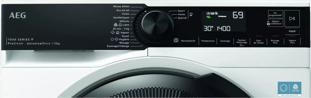 Lave-linge hublot AEG LFR73A124LV Série 7000 ProSteam® — 12 kg, 1 400 tr/min, classe A -20 %, vapeur et connecté