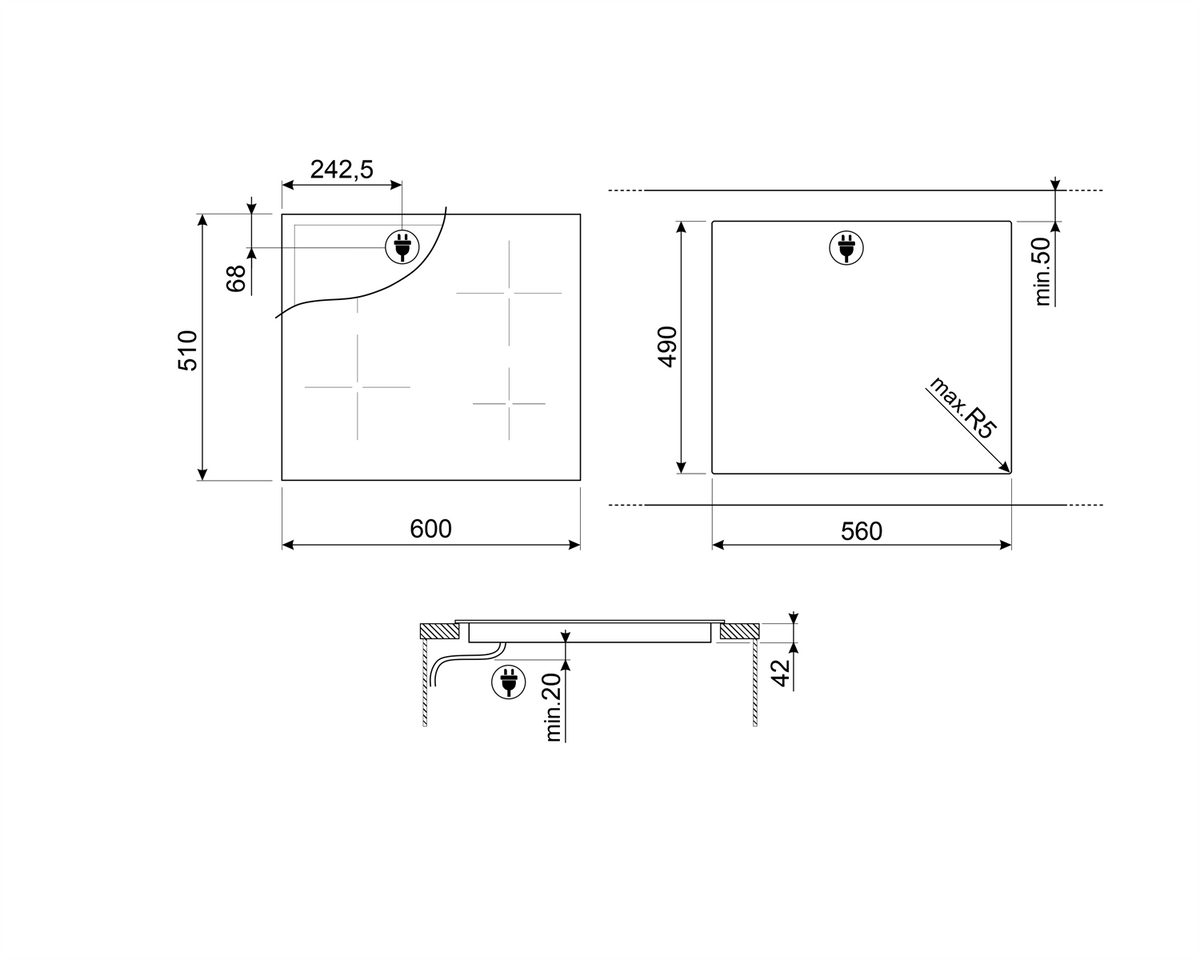 Taque de cuisson vitrocéramique SMEG SE264TD1 — 60 cm, 4 zones, commandes tactiles, Noir