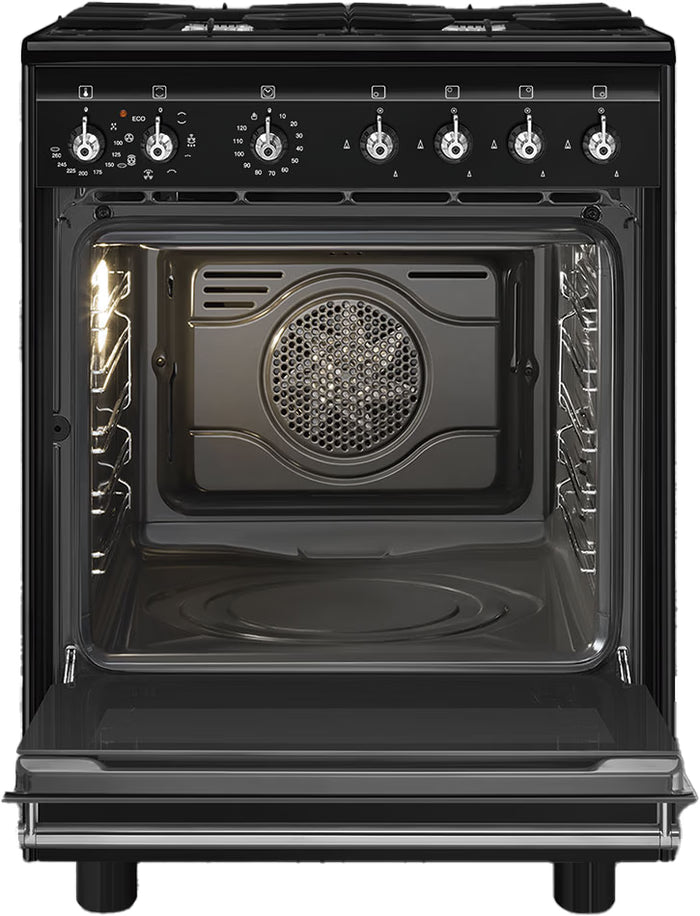 Centre de cuisson SMEG CX61GMBL 60×60 (gaz + four électrique) Noire — 70 L, Vapor Clean, Classe A | Electro‑Choc