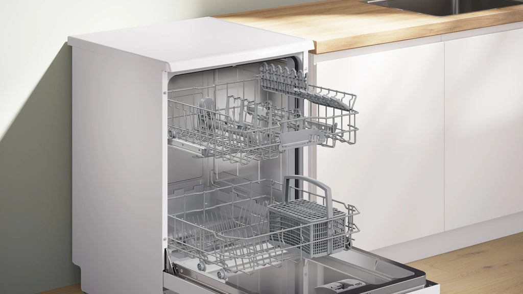 Lave-vaisselle pose-libre Bosch Série 2 SMS25AW10F (60 cm, blanc) — 12 couverts, 48 dB, AquaStop, EcoSilence Drive, ActiveWater, 5 programmes | Electro‑Choc