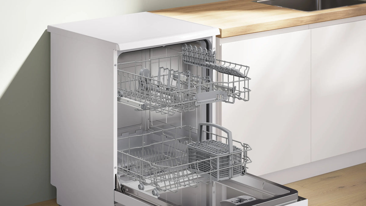 Lave-vaisselle pose-libre Bosch Série 2 SMS25AW10F (60 cm, blanc) — 12 couverts, 48 dB, AquaStop, EcoSilence Drive, ActiveWater, 5 programmes | Electro‑Choc