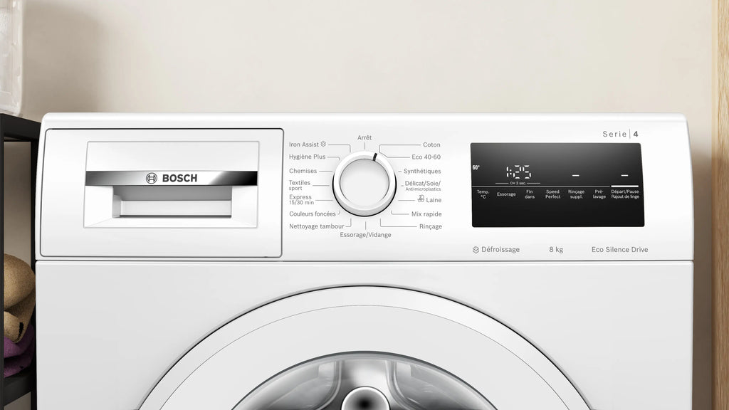 Lave-linge BOSCH WAN2827UFR Série 4 — 8 kg, 1400 tr/min, Classe A, Iron Assist, EcoSilence Drive