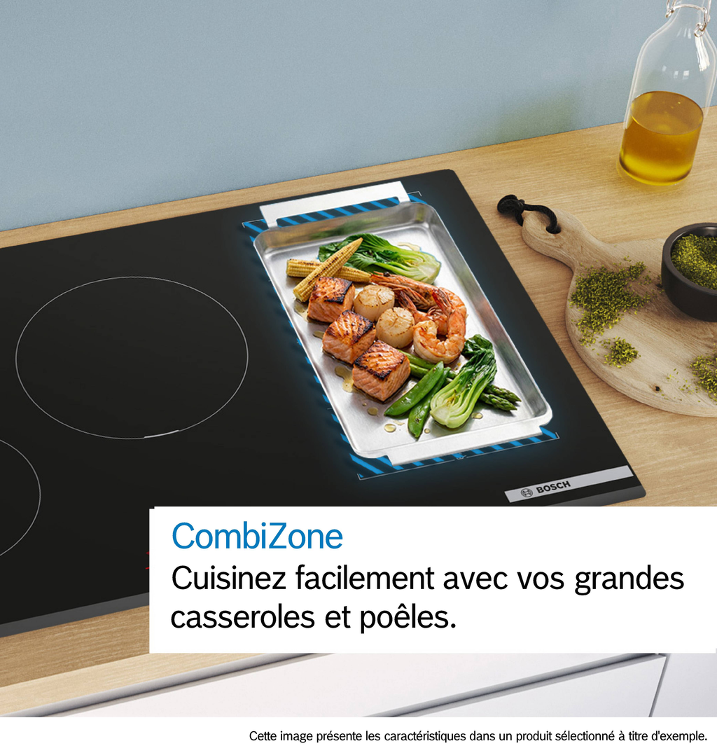 Table à induction BOSCH PVQ611BB6E Série 4 — 60 cm, CombiZone, 4 foyers, PowerBoost, Noir sans cadre | Electro‑Choc