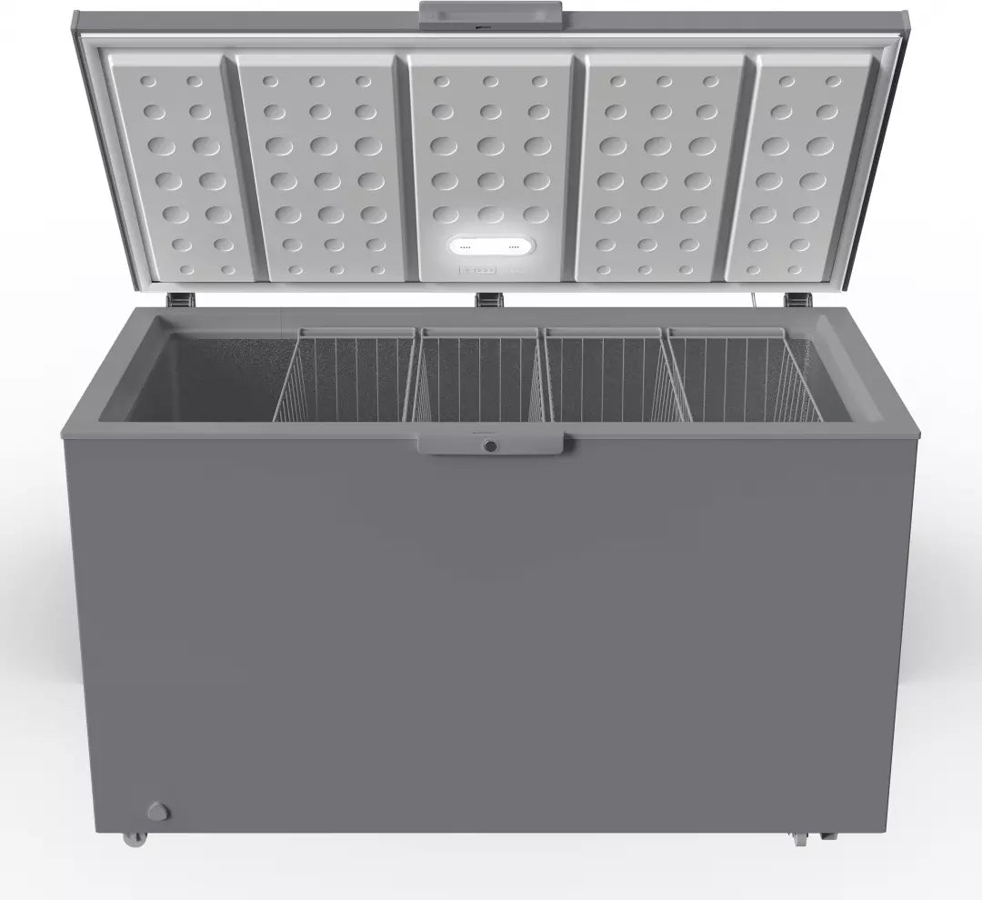Congélateur coffre Whirlpool W3RHS44EG — 442 L, convertible en réfrigérateur, 6ème Sens, FreezerGuard -15°C, classe E, 4 paniers, gris | Electro‑Choc