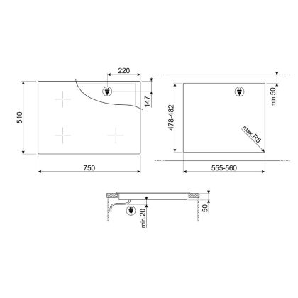 Table induction SMEG SIB2741D 75 cm — 4 foyers — Double Bridge — Eco‑Logic Advance — Booster — Verre dépoli — Noir