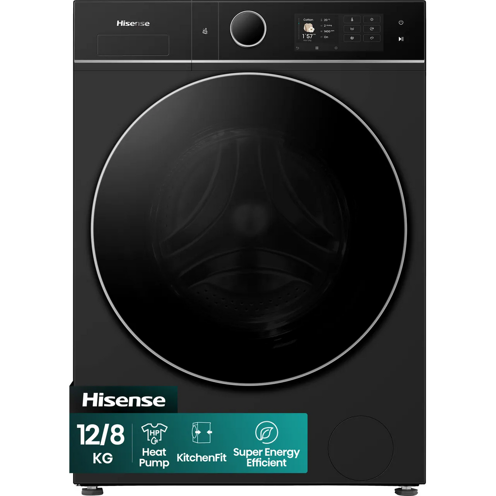 Lave-linge séchant HISENSE WD5I1245BBRH/BLX — 12 kg lavage / 8 kg séchage — Pompe à chaleur — Classe A — Wi‑Fi