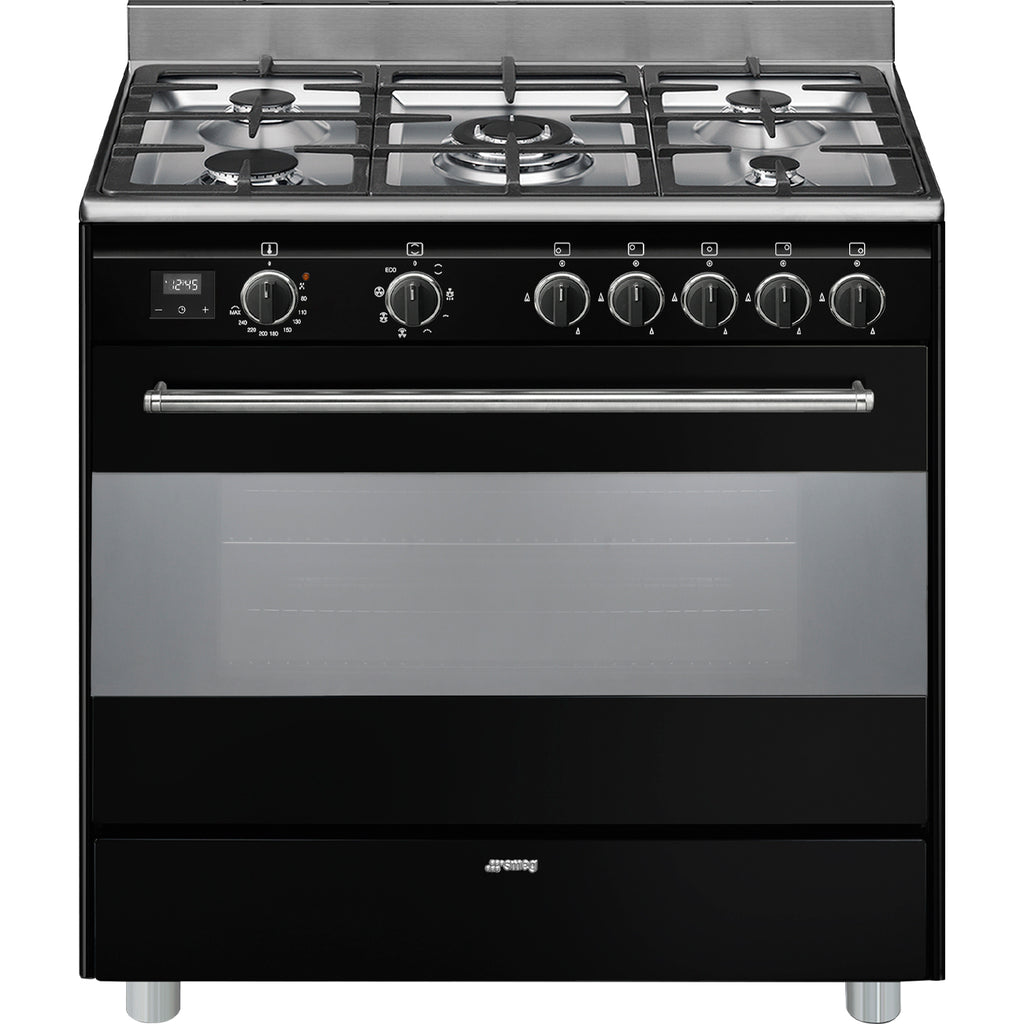 Piano de cuisson mixte Smeg BG91N2 noir — 90 cm, 5 brûleurs gaz, four chaleur tournante 115 L, Vapor Clean et classe A