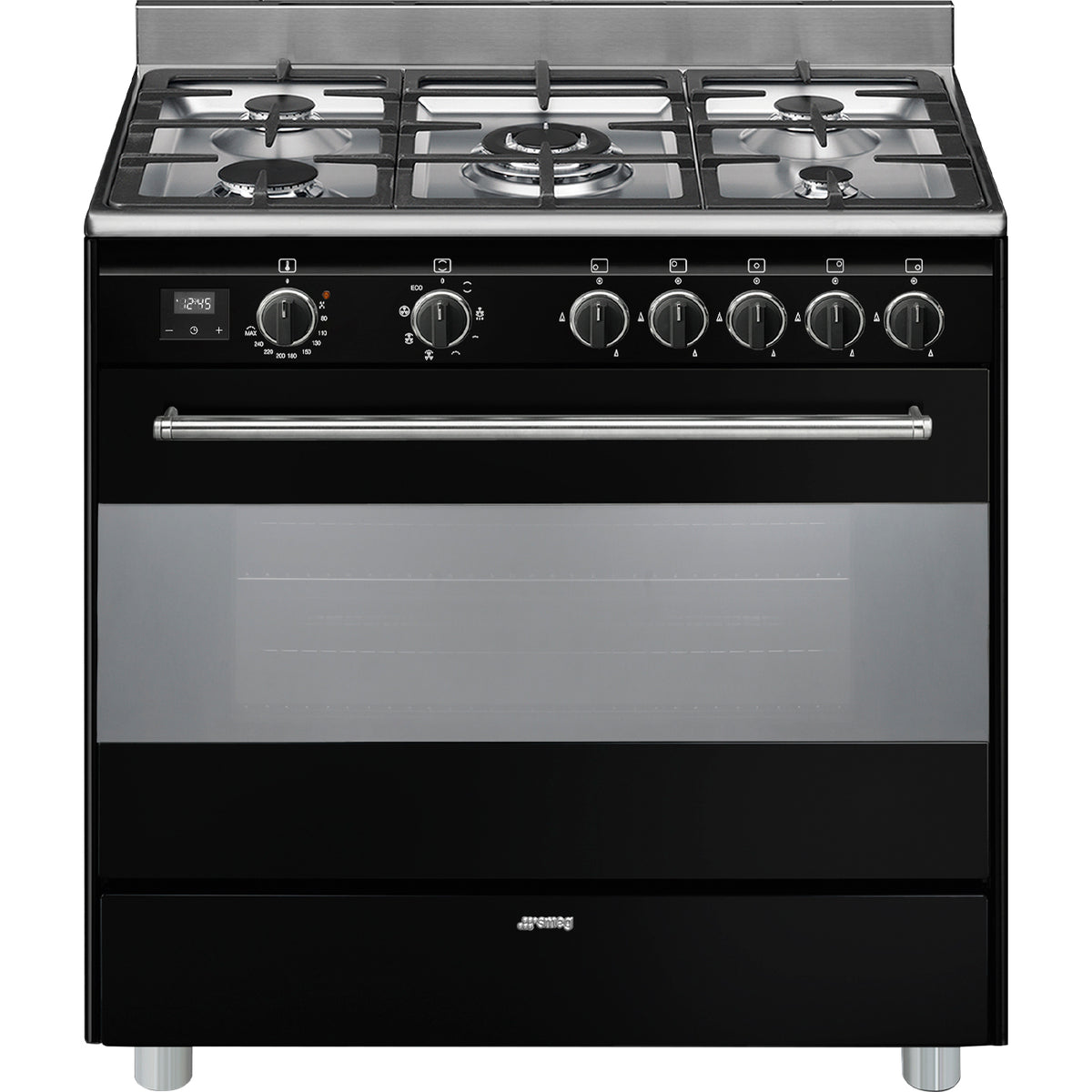 Piano de cuisson mixte Smeg BG91N2 noir — 90 cm, 5 brûleurs gaz, four chaleur tournante 115 L, Vapor Clean et classe A