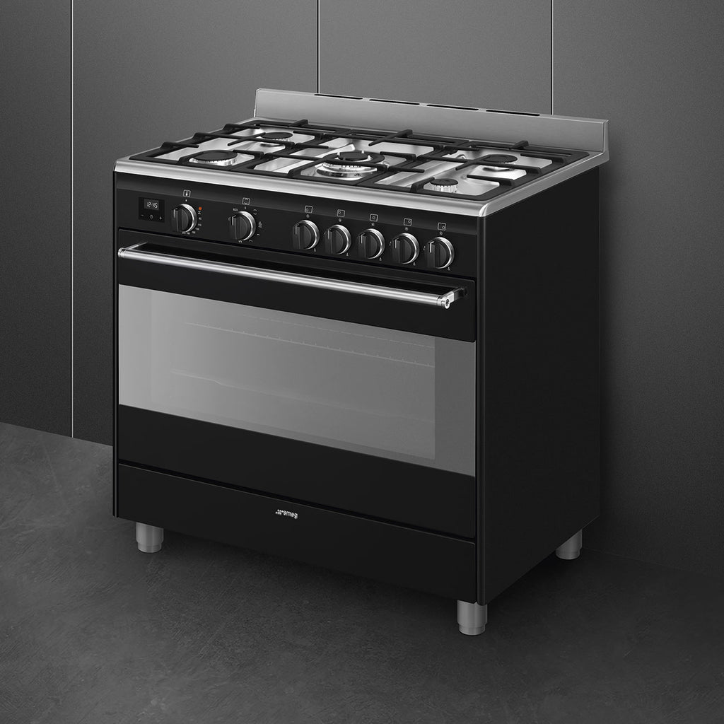 Piano de cuisson mixte Smeg BG91N2 noir — 90 cm, 5 brûleurs gaz, four chaleur tournante 115 L, Vapor Clean et classe A