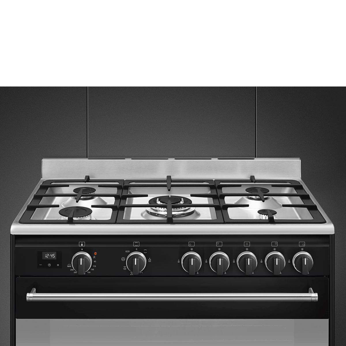 Piano de cuisson mixte Smeg BG91N2 noir — 90 cm, 5 brûleurs gaz, four chaleur tournante 115 L, Vapor Clean et classe A