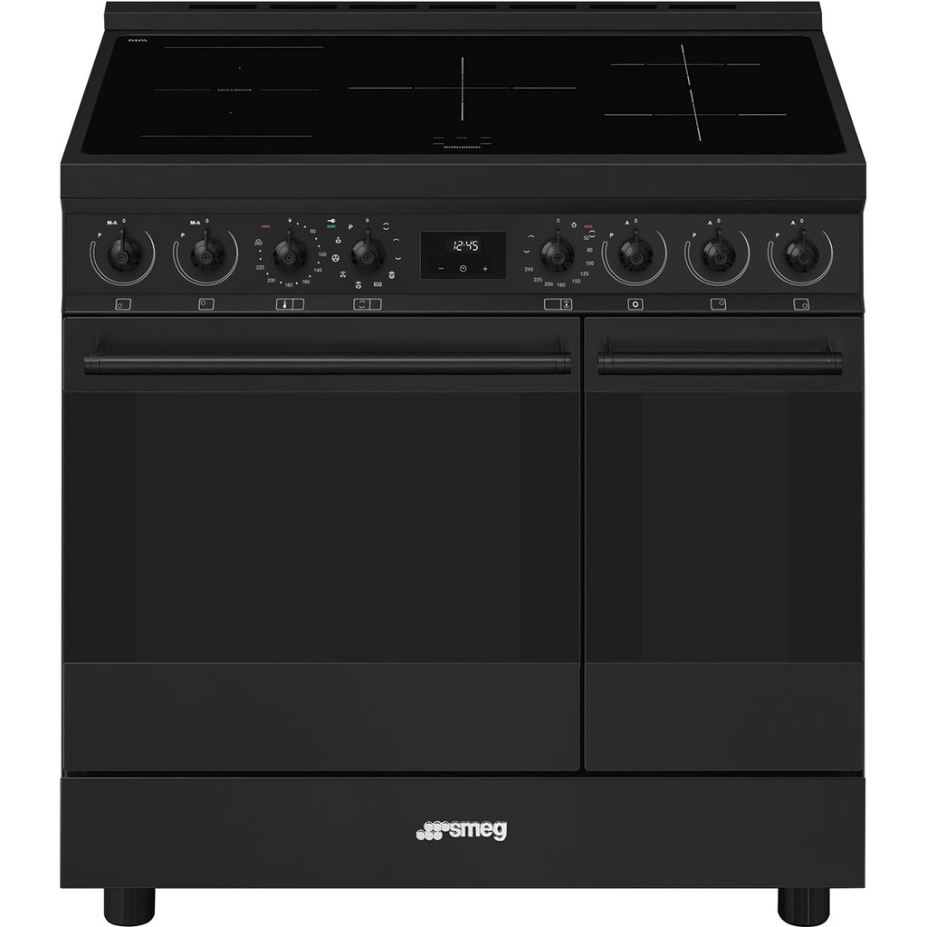 Cuisinière induction Smeg C92IPN2 90 cm noir mat — 2 fours électriques, pyrolyse, 5 foyers induction, classe A