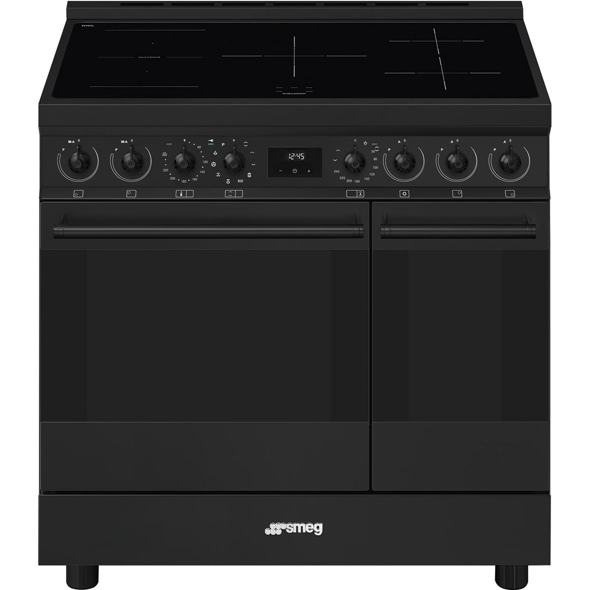 Cuisinière induction Smeg C92IPN2 90 cm noir mat — 2 fours électriques, pyrolyse, 5 foyers induction, classe A