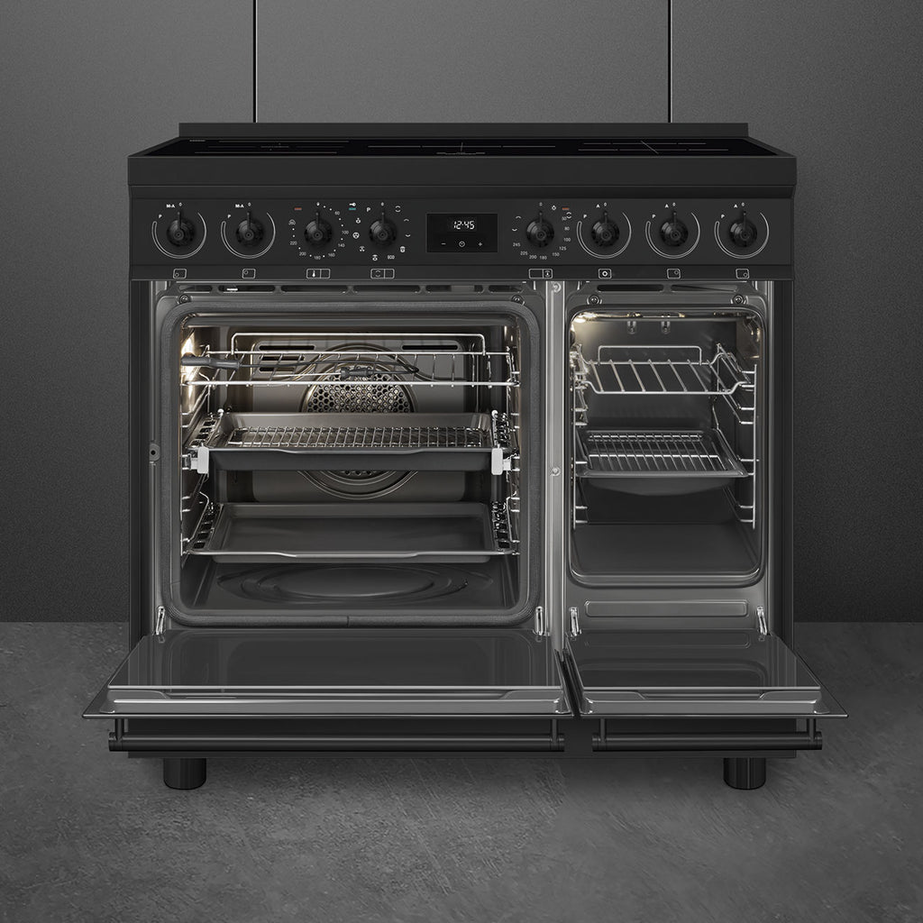 Cuisinière induction Smeg C92IPN2 90 cm noir mat — 2 fours électriques, pyrolyse, 5 foyers induction, classe A