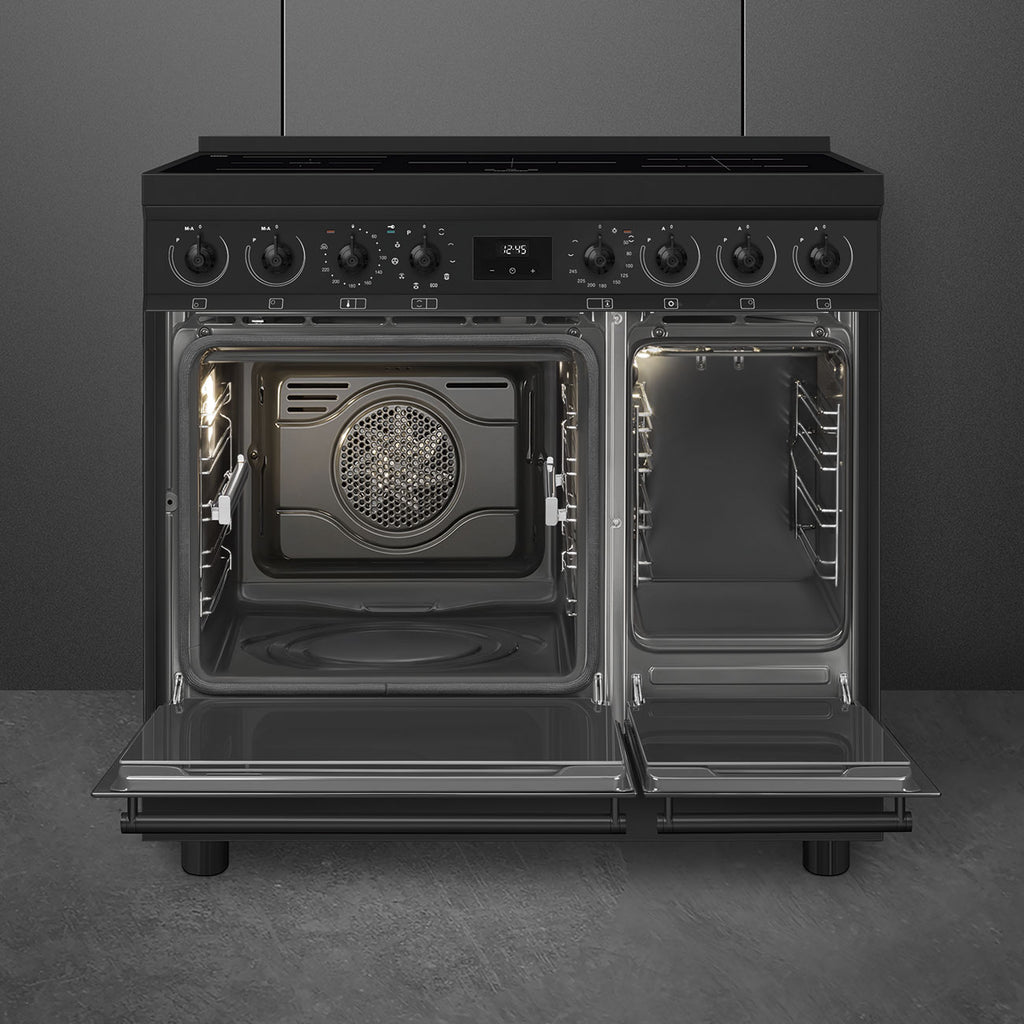 Cuisinière induction Smeg C92IPN2 90 cm noir mat — 2 fours électriques, pyrolyse, 5 foyers induction, classe A