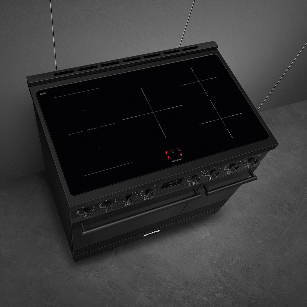 Cuisinière induction Smeg C92IPN2 90 cm noir mat — 2 fours électriques, pyrolyse, 5 foyers induction, classe A