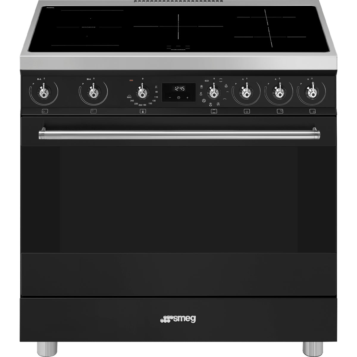 Cuisinière induction Smeg C9IMMB2 90 cm noir mat et inox — Grand four 115 L, 5 foyers Booster, Multizone, Vapor Clean, classe A