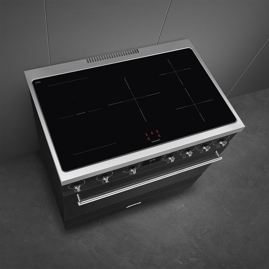 Cuisinière induction Smeg C9IMMB2 90 cm noir mat et inox — Grand four 115 L, 5 foyers Booster, Multizone, Vapor Clean, classe A