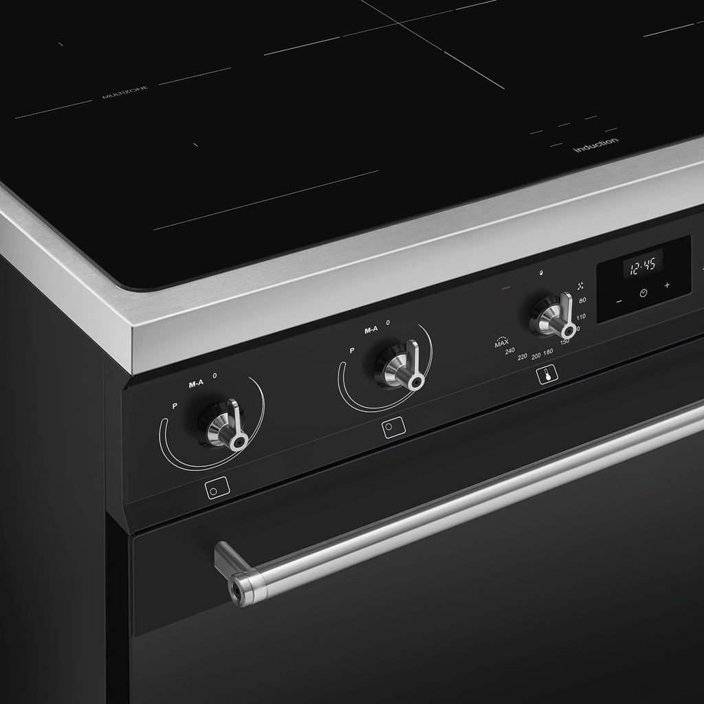 Cuisinière induction Smeg C9IMMB2 90 cm noir mat et inox — Grand four 115 L, 5 foyers Booster, Multizone, Vapor Clean, classe A