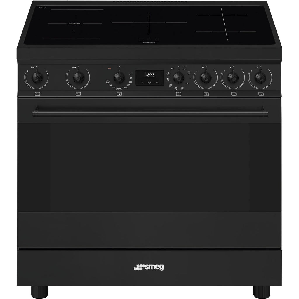 Cuisinière induction Smeg C9IMN2 90 cm noir mat — Grand four 115 L, 5 foyers avec Booster, Multizone, Vapor Clean, classe A