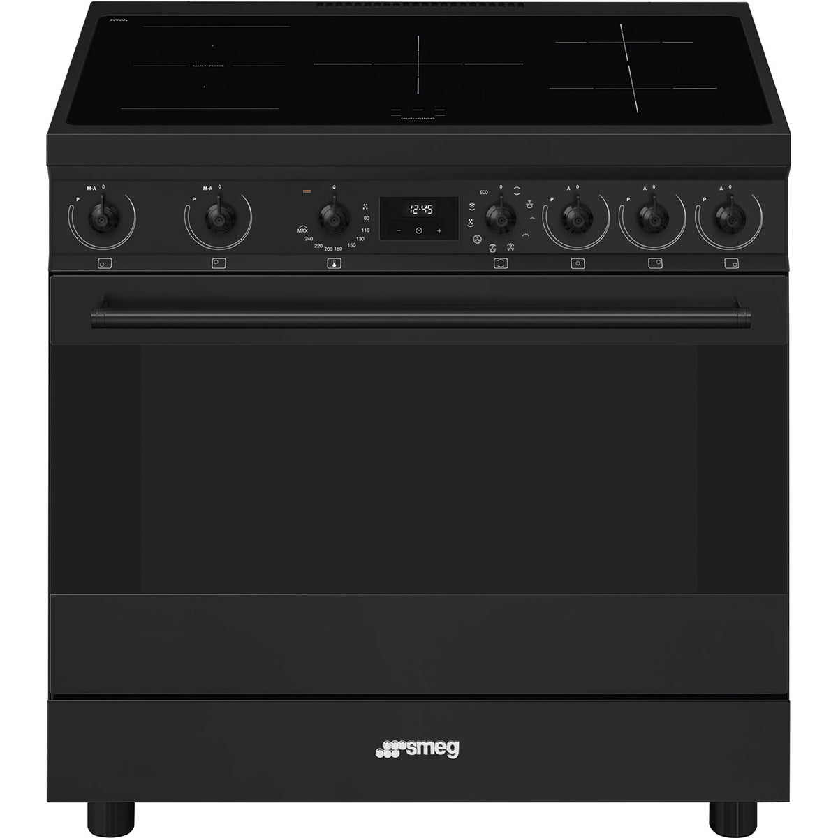 Cuisinière induction Smeg C9IMN2 90 cm noir mat — Grand four 115 L, 5 foyers avec Booster, Multizone, Vapor Clean, classe A