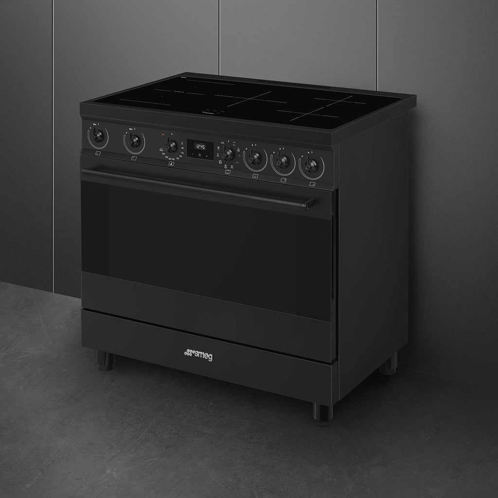 Cuisinière induction Smeg C9IMN2 90 cm noir mat — Grand four 115 L, 5 foyers avec Booster, Multizone, Vapor Clean, classe A