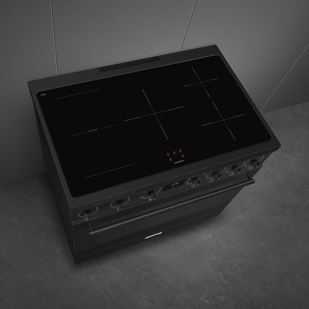 Cuisinière induction Smeg C9IMN2 90 cm noir mat — Grand four 115 L, 5 foyers avec Booster, Multizone, Vapor Clean, classe A