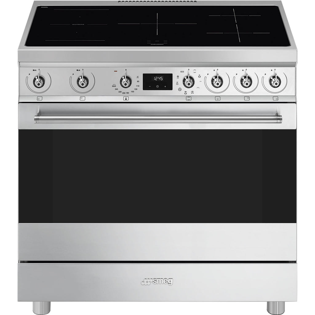 Cuisinière induction Smeg C9IMX2 90 cm inox — Grand four multifonction 115 L, 5 foyers Booster, Multizone, Vapor Clean, classe A