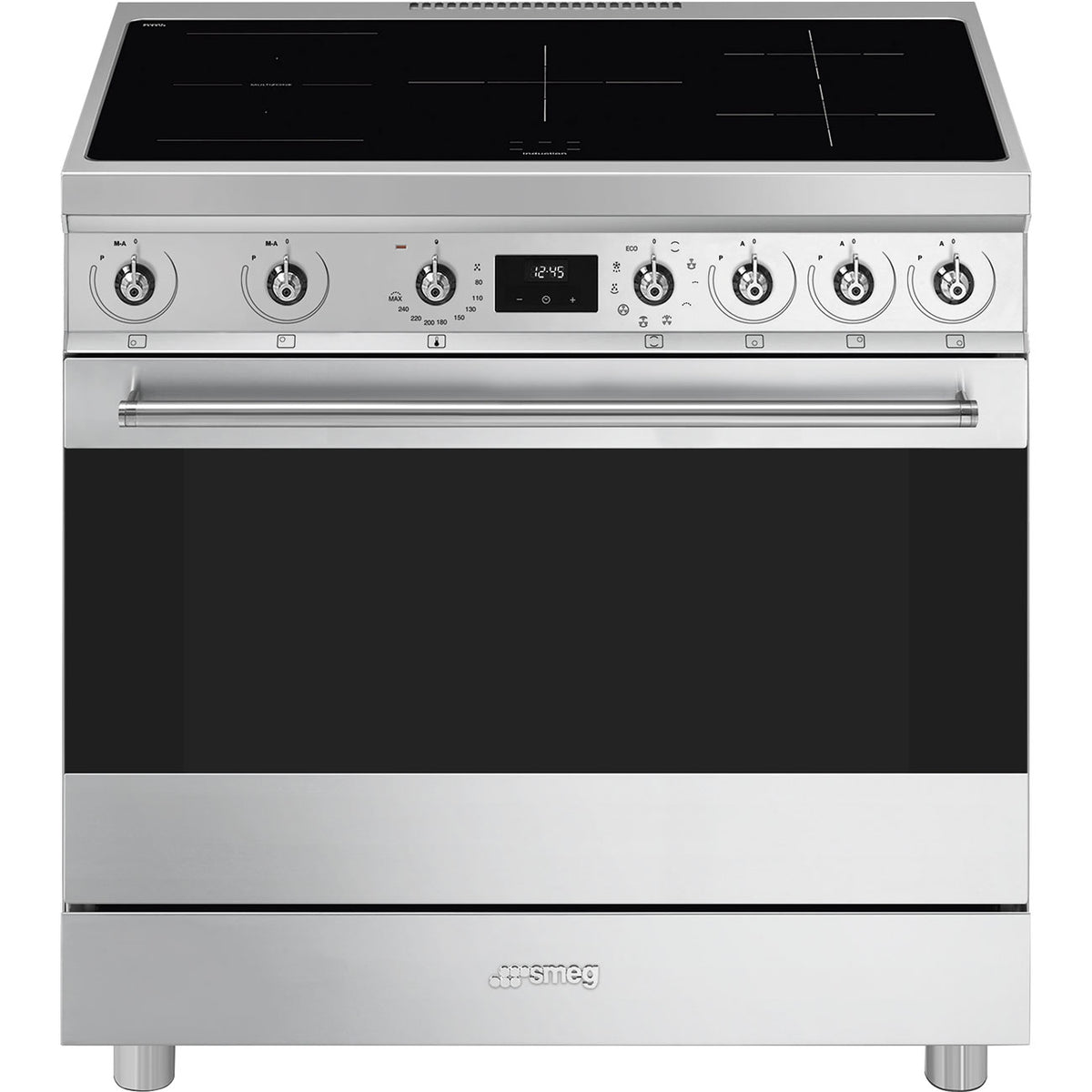 Cuisinière induction Smeg C9IMX2 90 cm inox — Grand four multifonction 115 L, 5 foyers Booster, Multizone, Vapor Clean, classe A