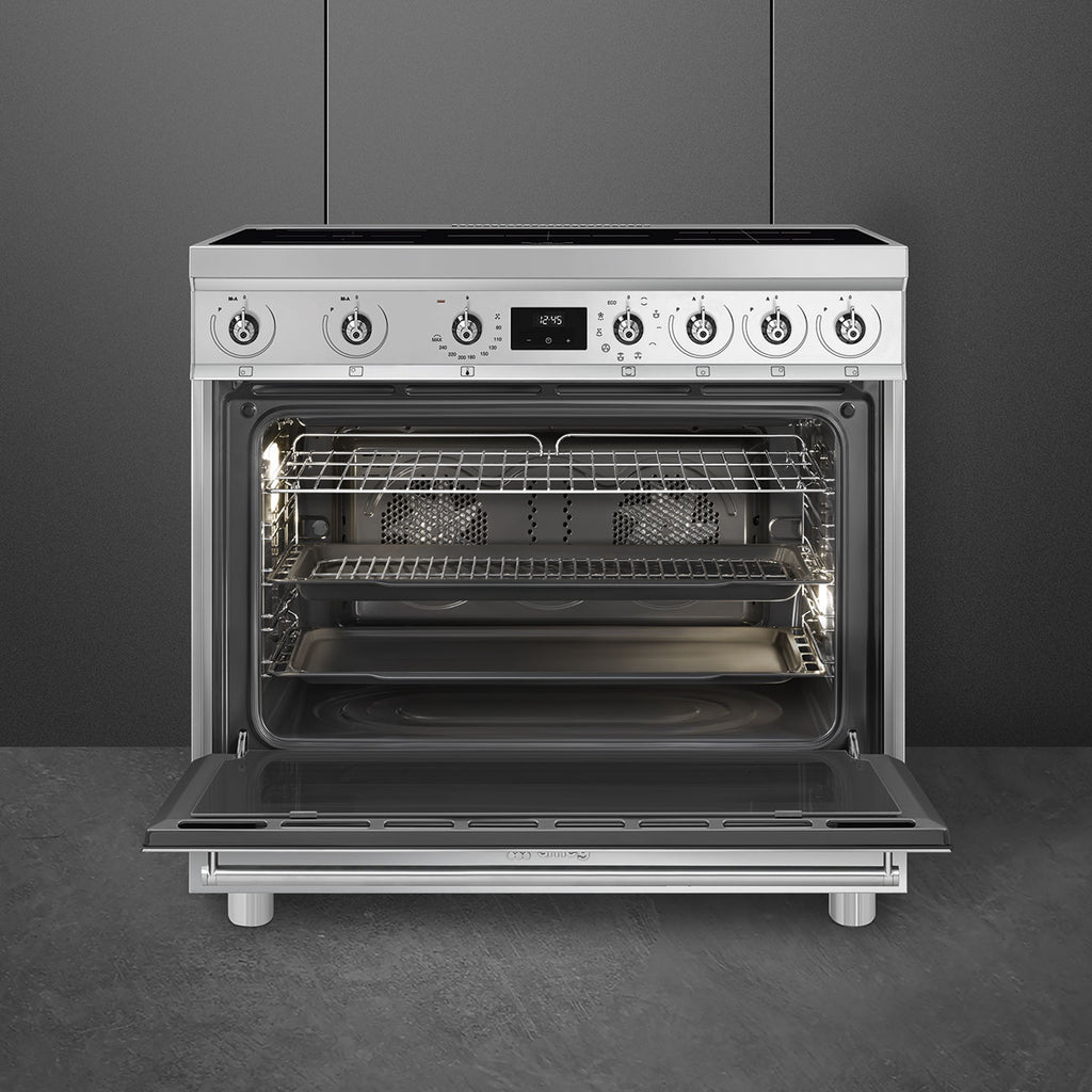 Cuisinière induction Smeg C9IMX2 90 cm inox — Grand four multifonction 115 L, 5 foyers Booster, Multizone, Vapor Clean, classe A