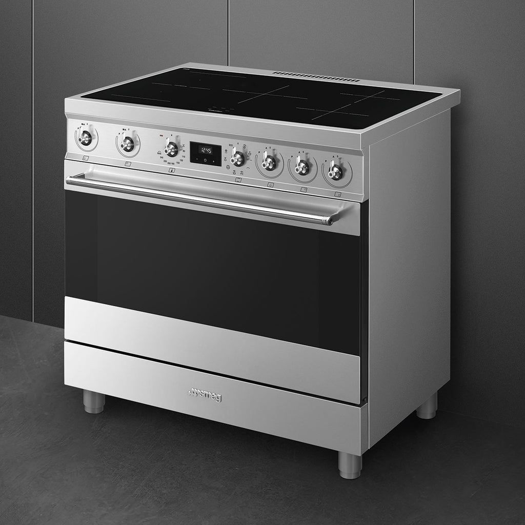Cuisinière induction Smeg C9IMX2 90 cm inox — Grand four multifonction 115 L, 5 foyers Booster, Multizone, Vapor Clean, classe A