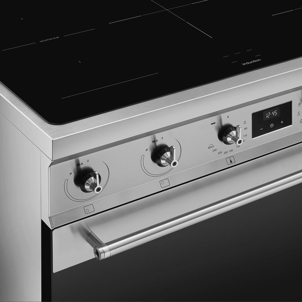 Cuisinière induction Smeg C9IMX2 90 cm inox — Grand four multifonction 115 L, 5 foyers Booster, Multizone, Vapor Clean, classe A
