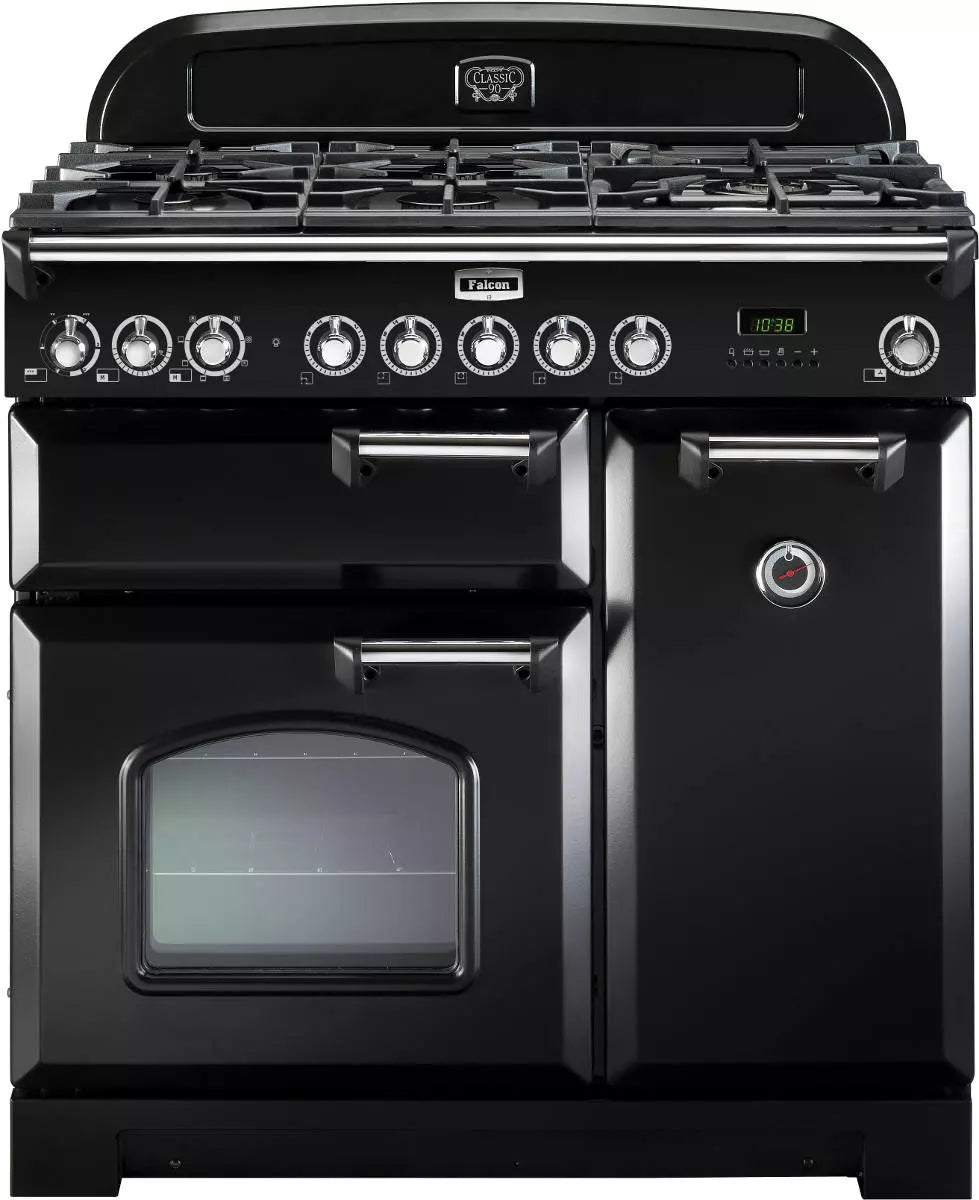Piano de cuisson mixte Falcon Classic Deluxe 90 CDL90DFBLC-EU noir brillant et chrome — 5 foyers gaz, 2 fours électriques et gril séparé