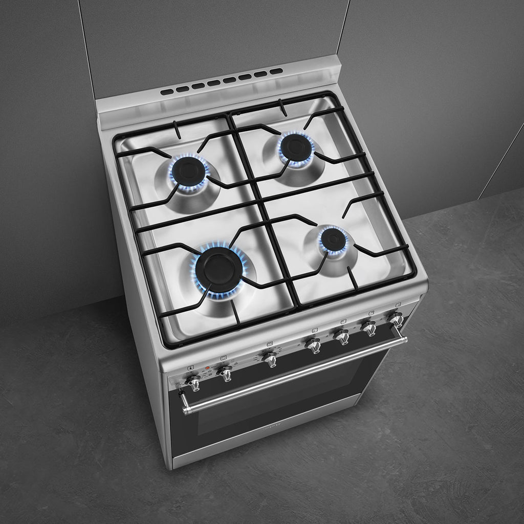 Cuisinière SMEG CX60GMX 60×60 (gaz + four électrique) Inox — 70 L, Vapor Clean, Classe A | Electro‑Choc
