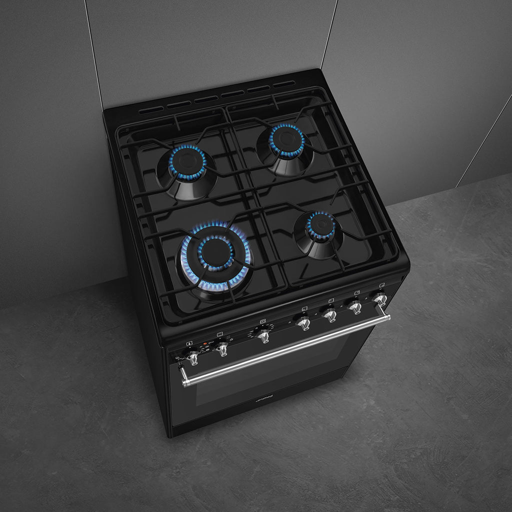Centre de cuisson SMEG CX61GMBL 60×60 (gaz + four électrique) Noire — 70 L, Vapor Clean, Classe A | Electro‑Choc