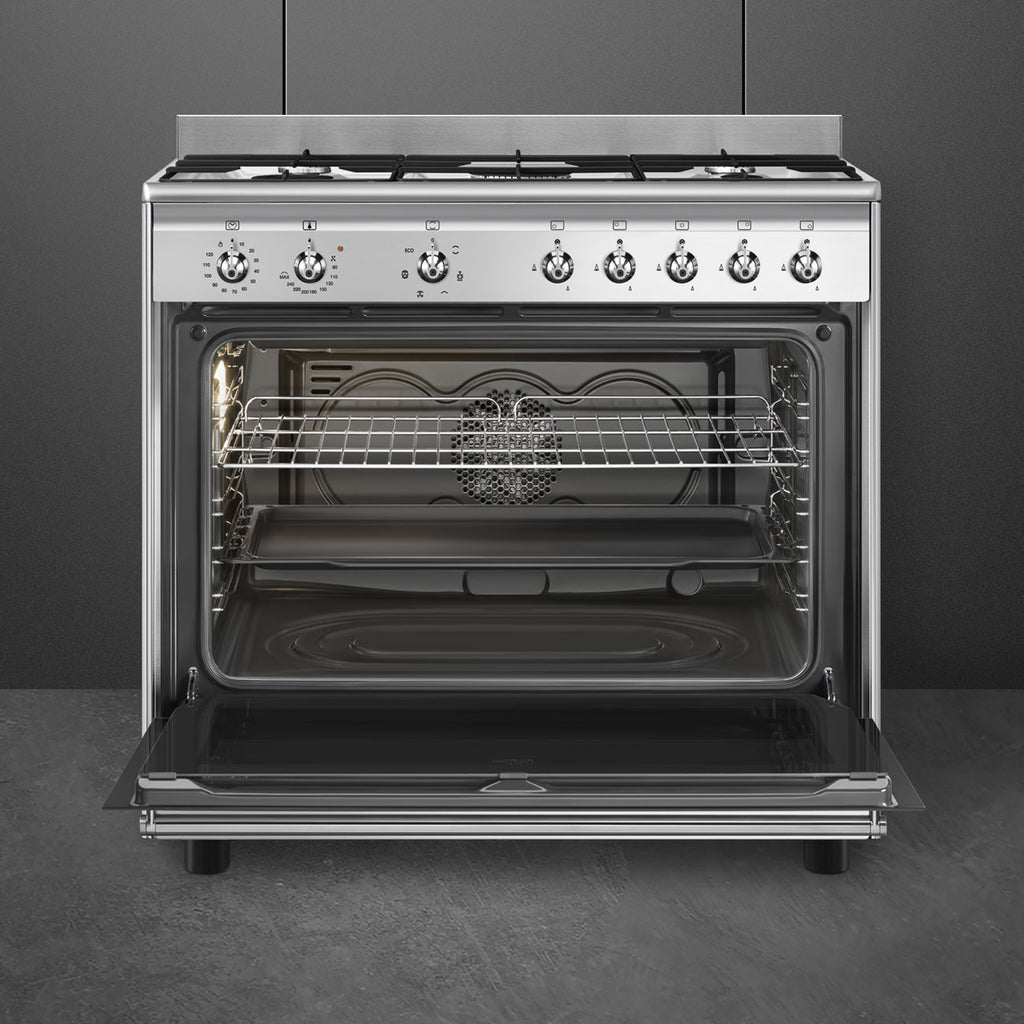 Centre de cuisson SMEG CX90GM 90 cm – 5 feux gaz – Four 115 L – Classe A – Inox