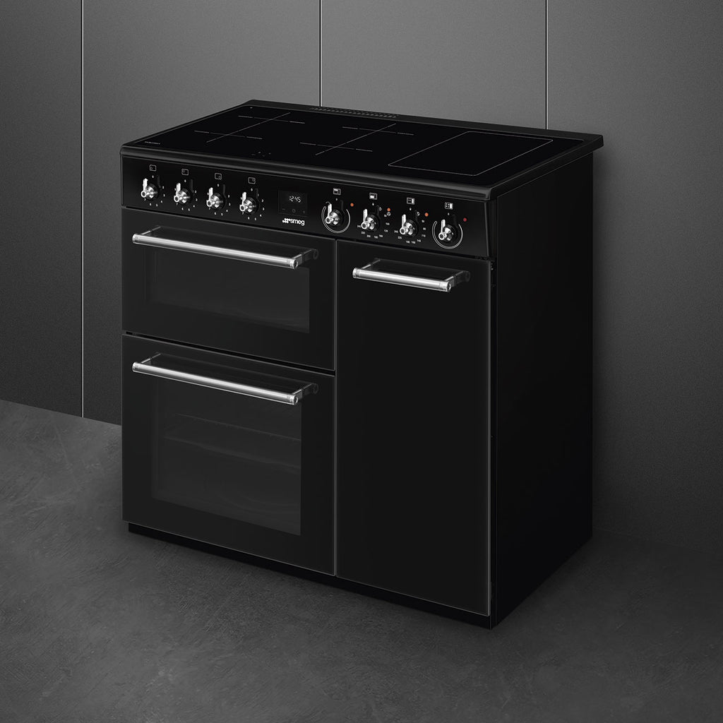 Piano de cuisson induction Smeg CX93IMBL noir brillant — 90 cm, 3 fours de 61, 62 et 35 L, 4 foyers et fonction Bridge
