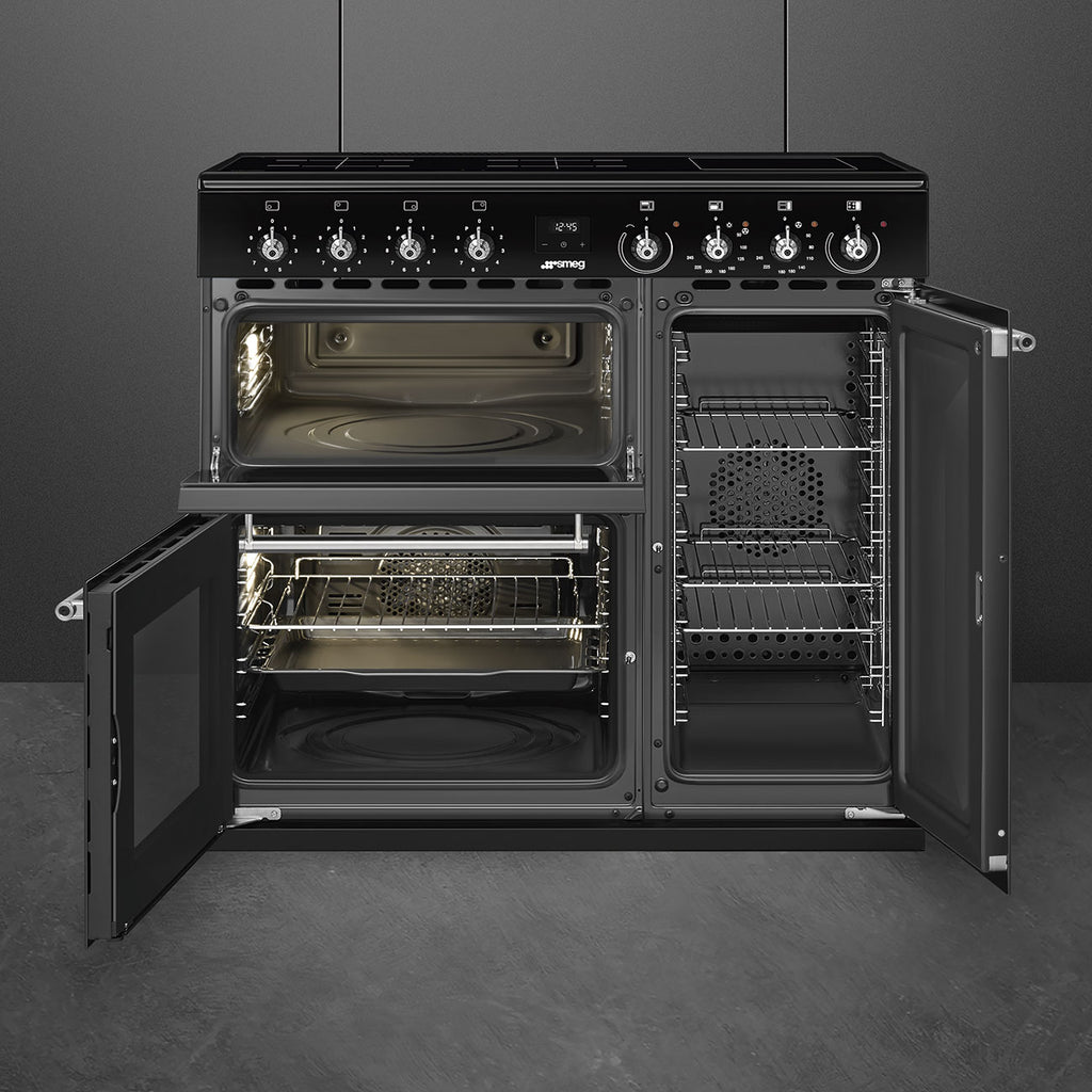 Piano de cuisson induction Smeg CX93IMBL noir brillant — 90 cm, 3 fours de 61, 62 et 35 L, 4 foyers et fonction Bridge