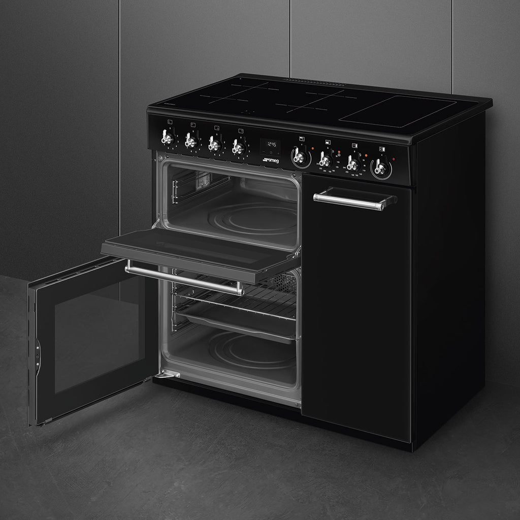 Piano de cuisson induction Smeg CX93IMBL noir brillant — 90 cm, 3 fours de 61, 62 et 35 L, 4 foyers et fonction Bridge