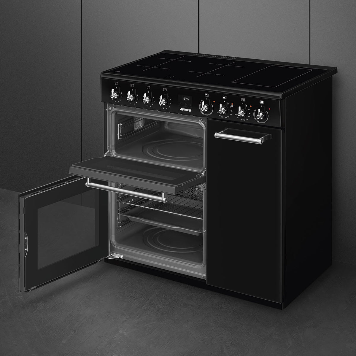 Piano de cuisson induction Smeg CX93IMBL noir brillant — 90 cm, 3 fours de 61, 62 et 35 L, 4 foyers et fonction Bridge