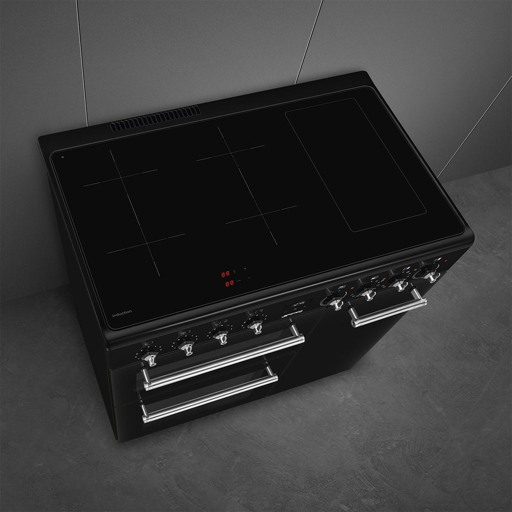 Piano de cuisson induction Smeg CX93IMBL noir brillant — 90 cm, 3 fours de 61, 62 et 35 L, 4 foyers et fonction Bridge