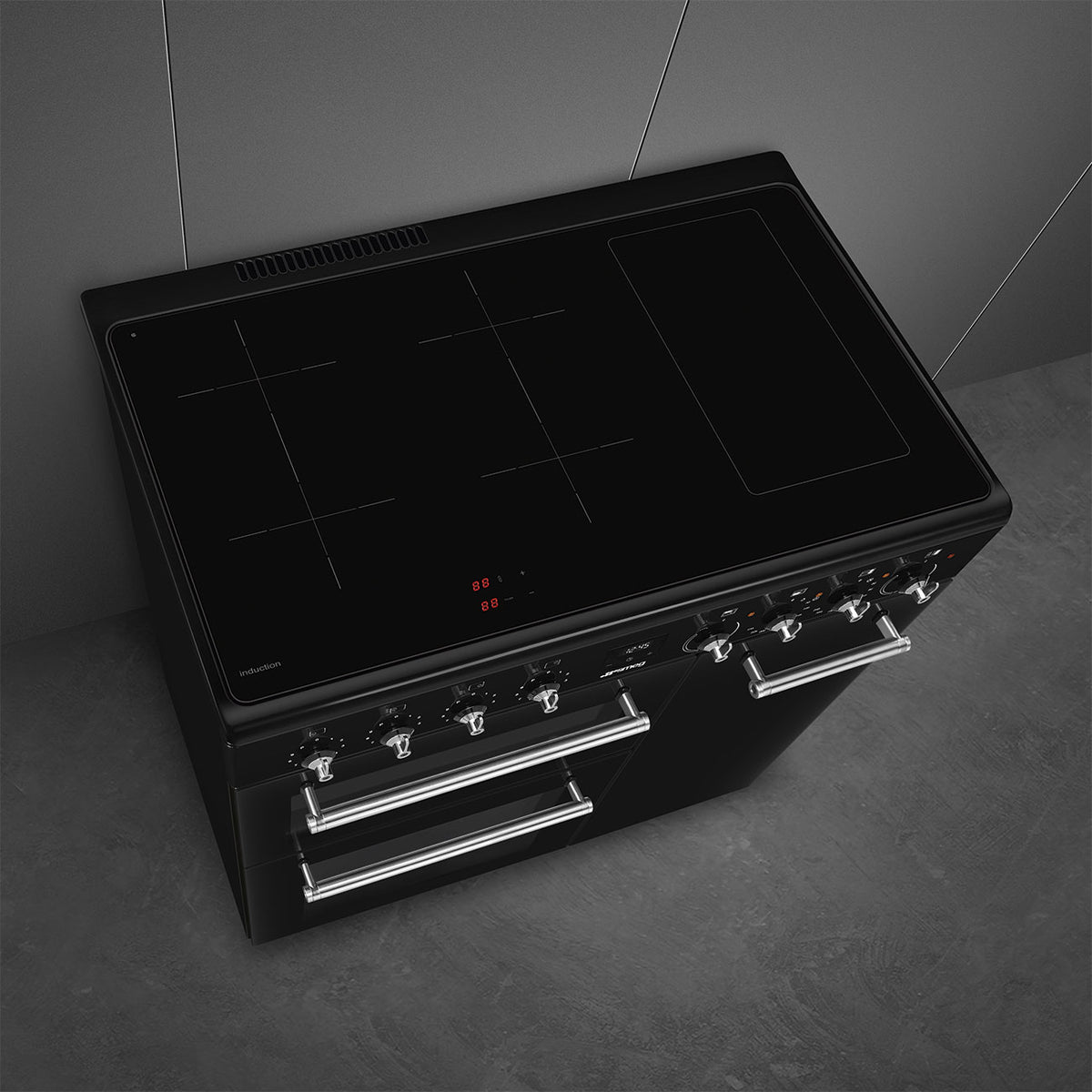Piano de cuisson induction Smeg CX93IMBL noir brillant — 90 cm, 3 fours de 61, 62 et 35 L, 4 foyers et fonction Bridge
