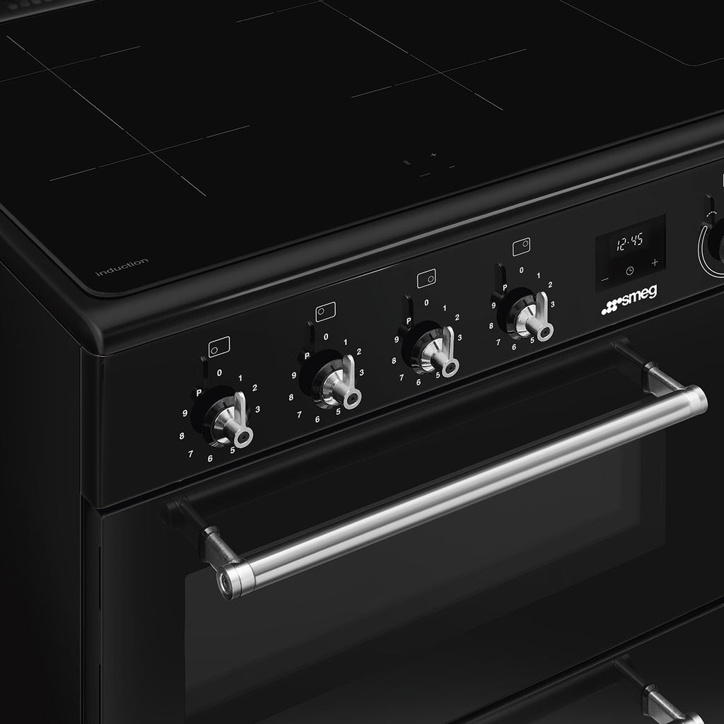 Piano de cuisson induction Smeg CX93IMBL noir brillant — 90 cm, 3 fours de 61, 62 et 35 L, 4 foyers et fonction Bridge