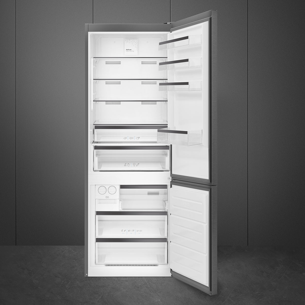Réfrigérateur combiné Smeg FC48KDND Dark Grey Inox Look — 481 L, No Frost total, largeur 70 cm, Inverter et classe D