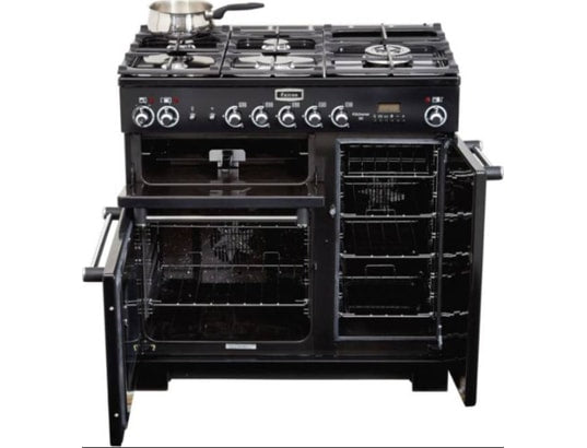 Piano de cuisson mixte Falcon Classic Deluxe 90 CDL90DFBLC-EU noir brillant et chrome — 5 foyers gaz, 2 fours électriques et gril séparé