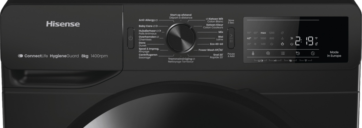Wasmachine HISENSE WF3V843BB - 8kg - 1400 tpm - Smart - Zwart