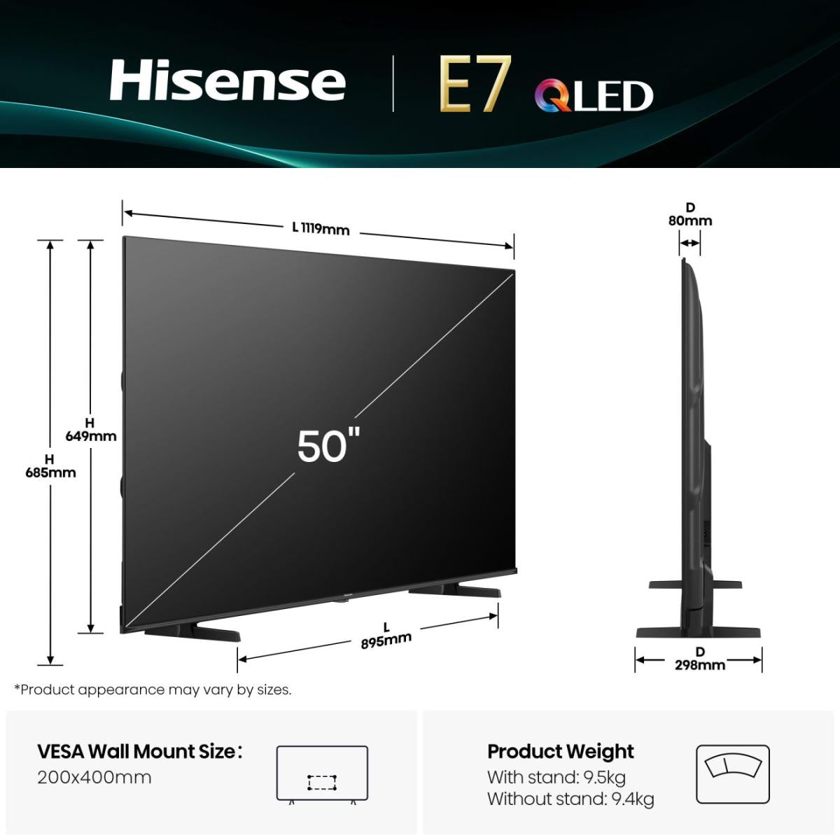 TV HISENSE 50E7Q QLED 4K Smart TV — 126 cm (50"), Dolby Vision & Atmos, VIDAA, Game Mode Plus