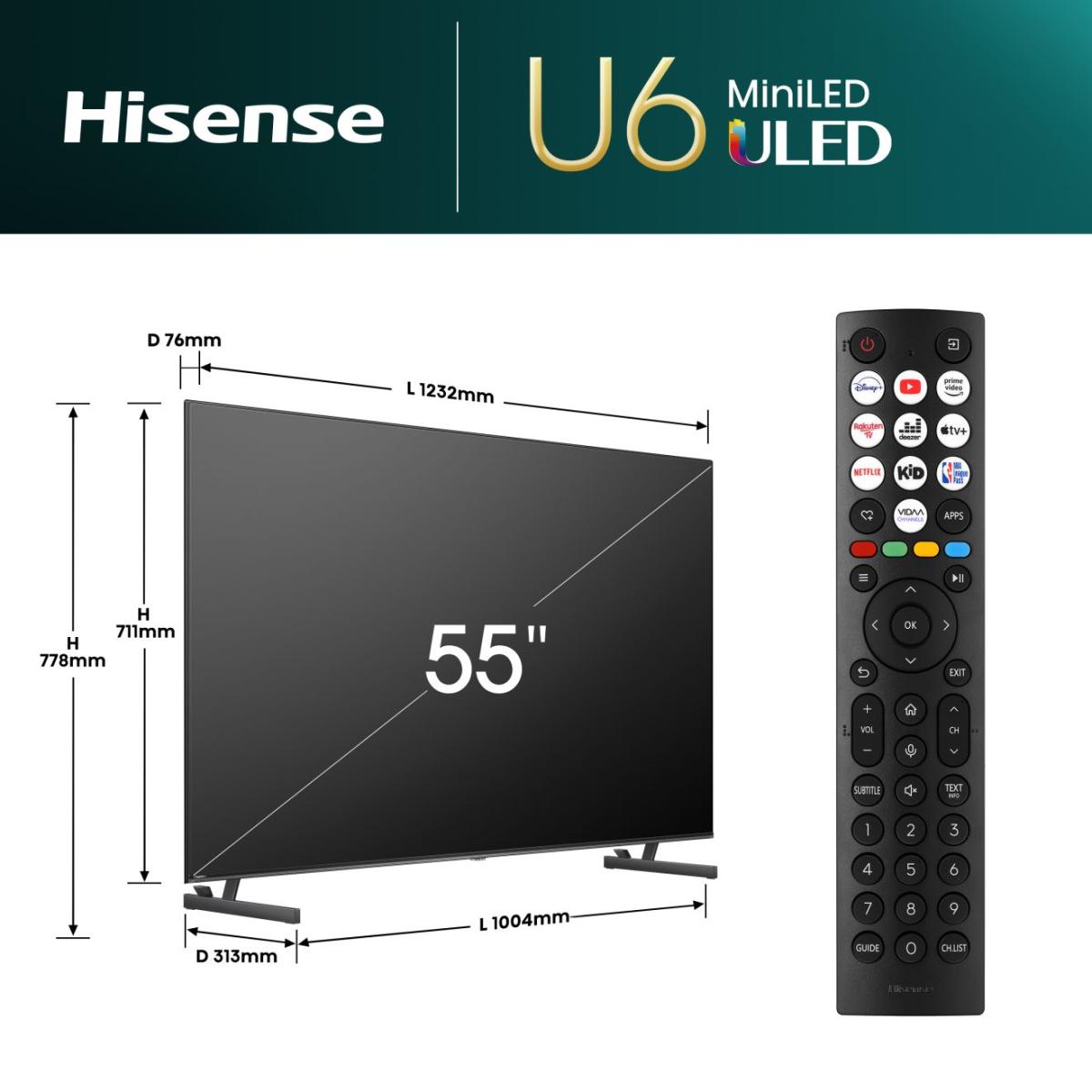 HISENSE 55U69NQ Mini-LED ULED 4K Smart TV — 139 cm (55"), Dolby Vision IQ & Atmos, VIDAA, 600 nits