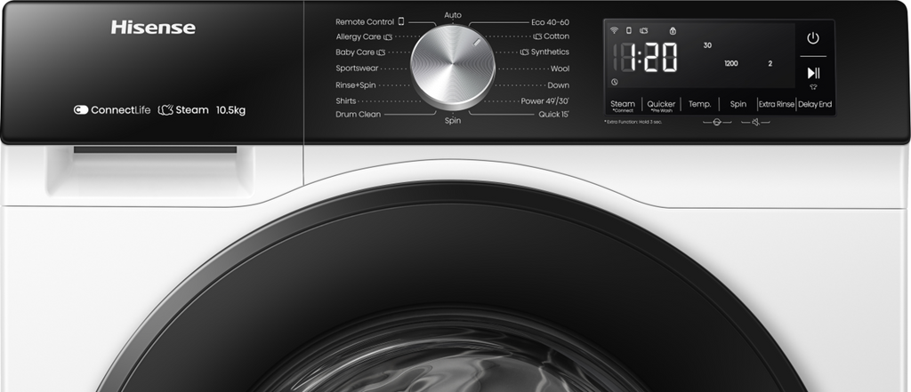 Lave-linge HISENSE WF3S1043BW3 — 10,5 kg, 1400 tr/min, Classe A-20%, Moteur Inverter, WiFi ConnectLife